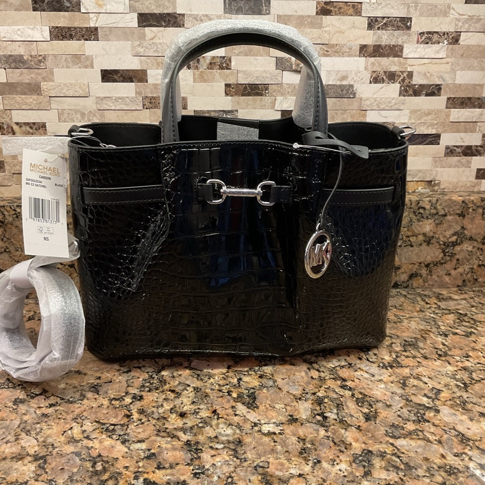 Michael Kors Black Croc-Embossed Satchel